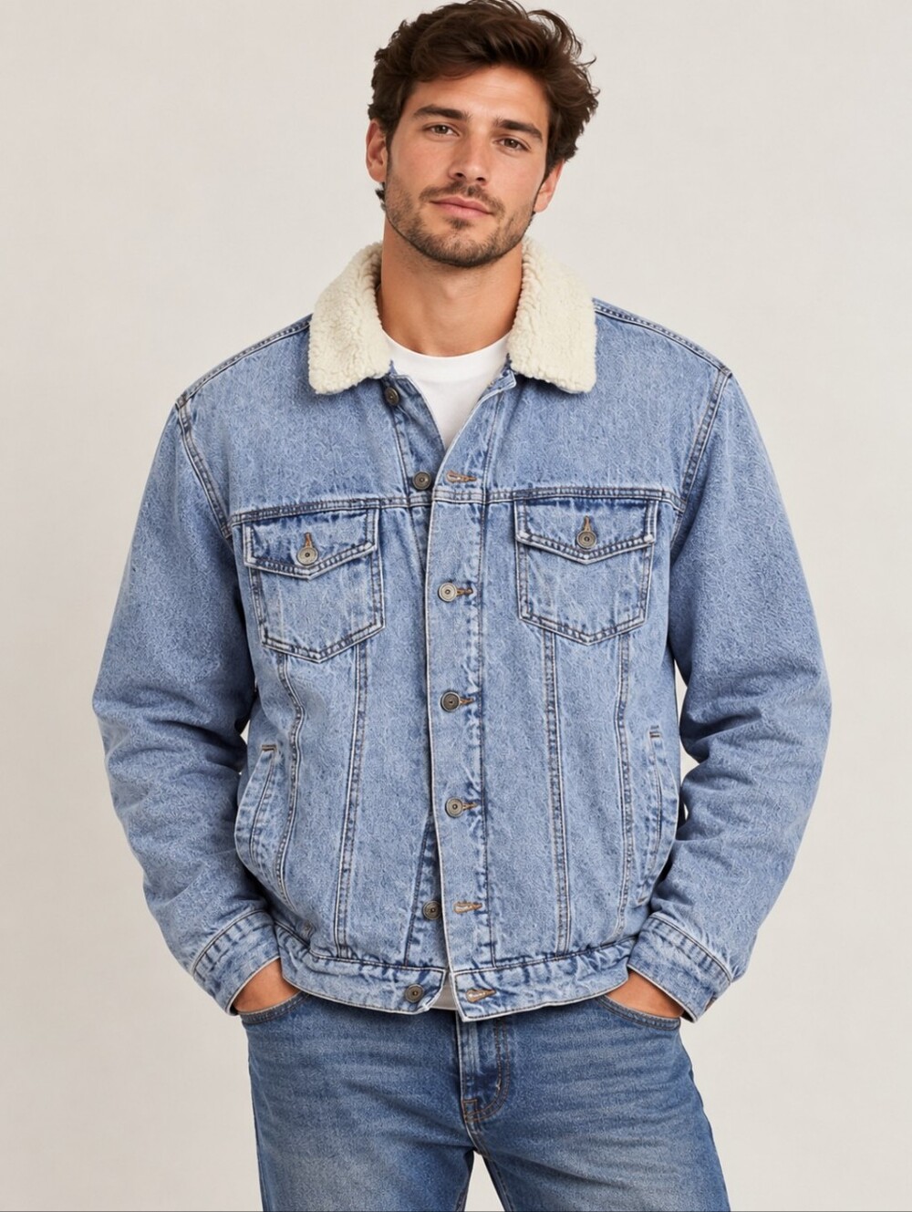 Dravus Cozy Sherpa-Lined Denim Jean Trucker Jacket Light-Wash Unisex Size L 90s